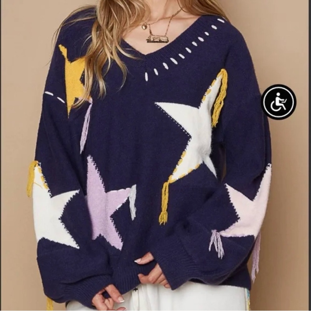 POL Women's V-Neck Star Sweater - Navy, White, Yellow, Pink NWOT